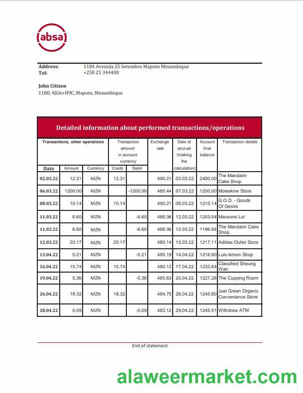 Mozambique ABSA bank statement Excel and PDF template